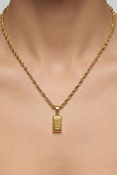 Modacaprea Çelik 22K Külçe Alttın Uçlu Kolye 40+5 cm | Altın Renkli Kararmaz ...