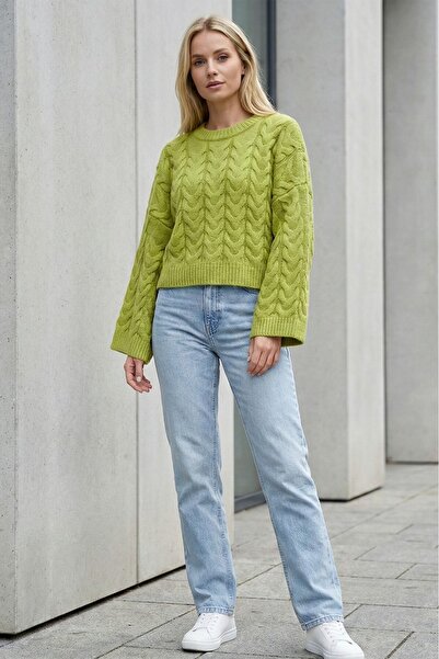 FERHEL Casual Cropped Knit Sweater with Knitted Pattern - Olive Green