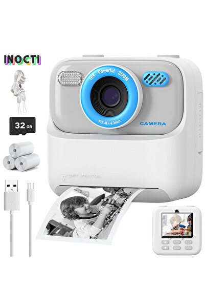 Choice3 كاميرا طباعة فورية للأطفال من INTI باللون الأبيض، كاميرا رقمية للأطفا...