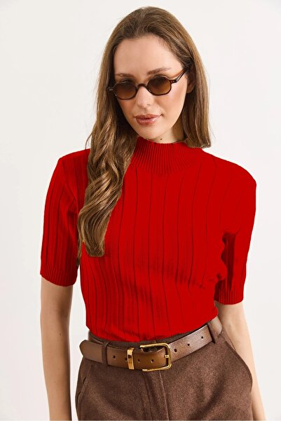 Olalook Women's Red High Collar Thick Ribbed Short Sleeve Knitwear Blouse Blz...