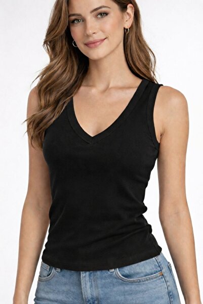 GAV20 Kadın Siyah V yaka %100 Pamuk Basic Atlet- Yumuşak Dokulu Slim Fit Kols...