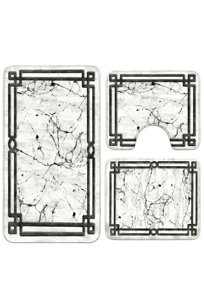 OEM 3-piece non-slip bathroom rug set, marble design with decorative frame