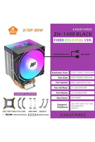 choice2 As Show As Show ZH-1400 COLORFUL B METALFISH ZH1400 CPU Cooler 4 Heat...