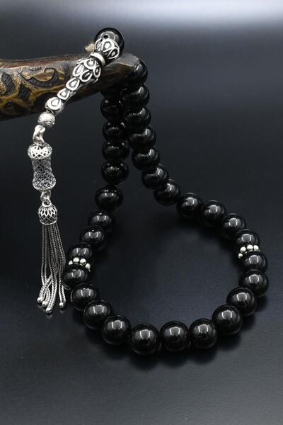 Prestige Doğal Oniks Taşlı Tesbih 925 Ayar Gümüş Püsküllü 10mm Küre Kesim 902558
