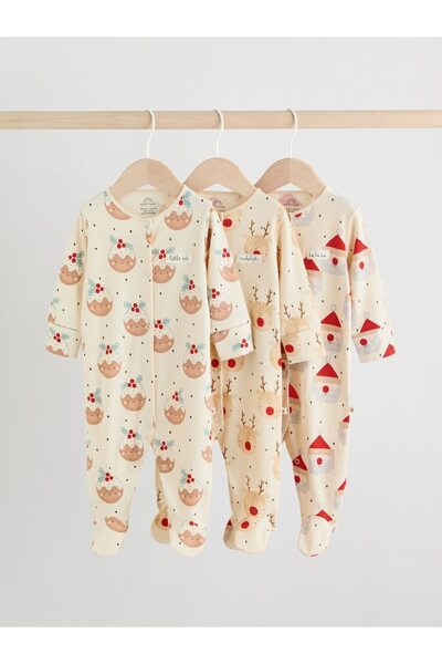 Next Baby Cotton Cream Color Christmas Themed 3-Piece Jumpsuit Set