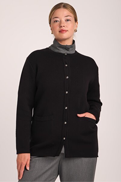 Uludağ Triko Women's Black Shawl Patterned Comfortable Cut Knitwear Cardigan ...