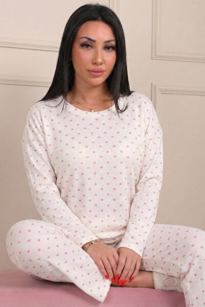 Niket Life Women's Heart Patterned Soft Ribbed Cotton Pajama Set