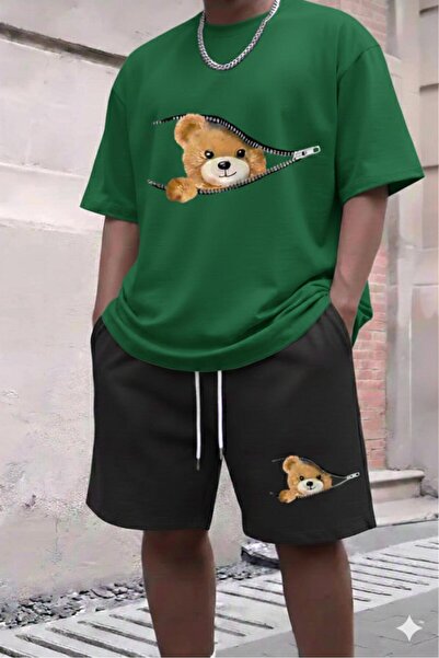CAST COLLECTİON Men's Green Zippered Bear Printed Oversize T-Shirt Black Shor...