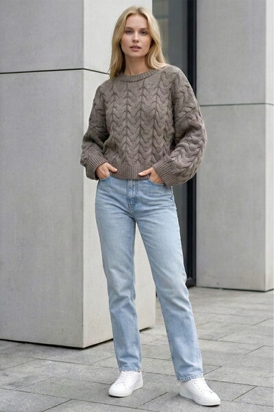 FERHEL Casual Crop Knit Sweater with Knitted Pattern - Earth Tone