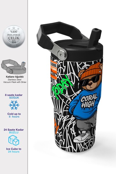 Coral High Grafiti Ayıcık Desenli Katlanır Ağızlıklı Çelik Termos 600 ml 38906