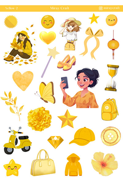 MirayDesign 1 Sayfa Sarı Temalı 12*17 cm Sticker /Scrapbook, Bullet Journal, ...
