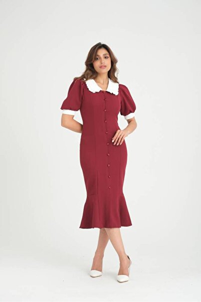 Stylish Stylish soft burgundy dress with a white collar