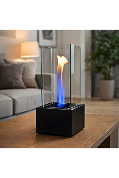 Zeronn VELORA Camlı Bioethanol Masaüstü Şömine – Modern Dekoratif Ateş Siyah