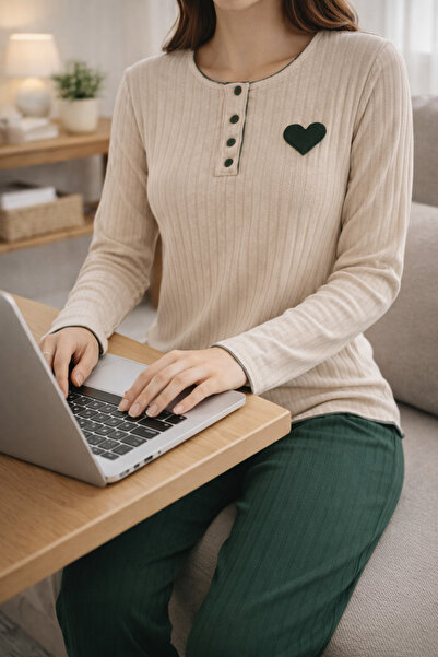 sleeproom Women's Beige-Green Corded Heart Detailed Long Sleeve Pajama Set