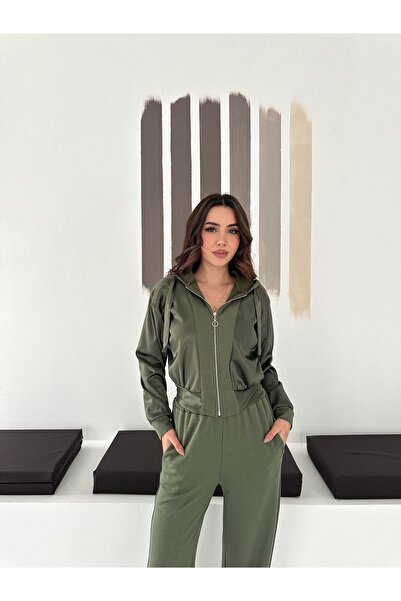 TLG GİYİM Women's Zippered Hooded Satin Detailed Modal Fabric Bomber Jacket Set