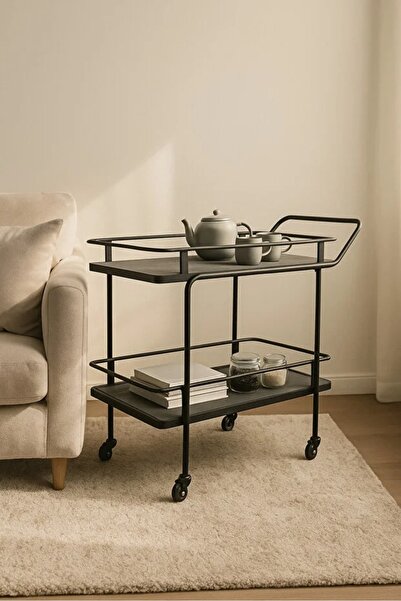 N.zone Industrial grey metal serving trolley with wheels - 2-tier bar cart 83...