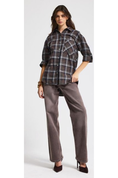 it's basic Kadın Kahve Ekose s6-23 Oversize Bol Kesim Pamuk Gömlek