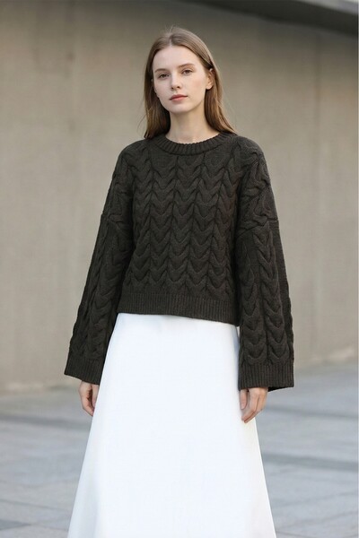 FERHEL Casual Crop Knitwear Sweater with Knitted Pattern - Dark Brown