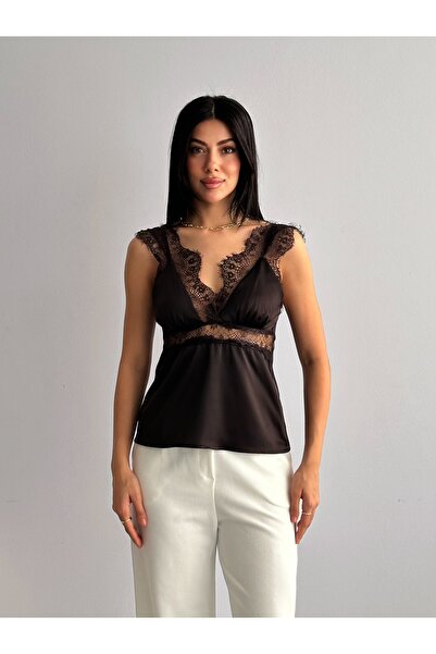 solena sln Women's New Season Stylish Satin Blouse with Lace Detail - Black