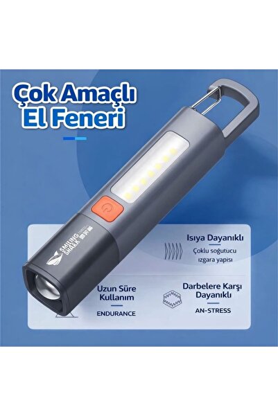 DAMMERUN Kancalı Ayarlanabilir Zoomlu Şarjlı El Feneri – 3 Işık Modlu, TYPE-C...