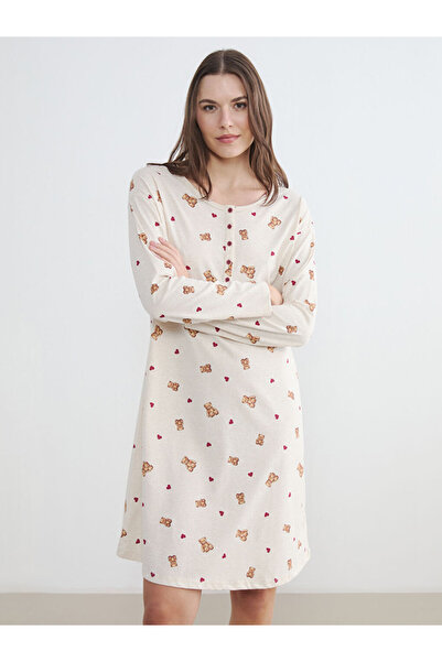 LC Waikiki Bej Bisiklet Yaka Ayı Teddy Desenli Hamile Gecelik