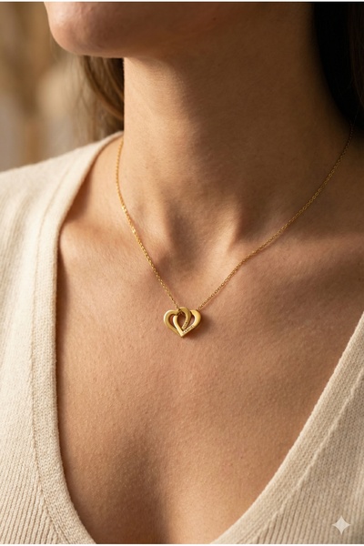 neshely jewelry 925 Ayar Gümüş Kişiselleştirilebilir İsimli İç İçe Geçmiş Kalp Detaylı Gold Rengi Gümüş Kolye