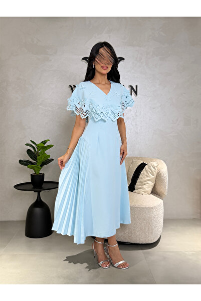 Warazan Powder dress with cape and pleated detail