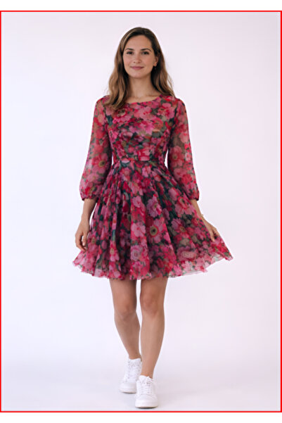 MOODMODA Floral Patterned Tulle Mini Dress