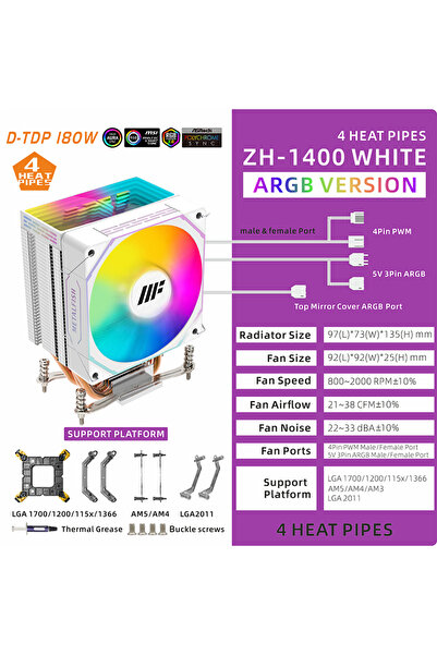 Choice5 كما هو موضح، مبرد المعالج ZH-1400 ARGB W METALFISH ZH1400، 4 أنابيب ح...