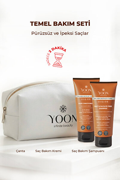 YOON Tuzsuz Sülfatsız Şampuan 250ml, Saç Bakım Kremi 200 ml, Bakım Çantası, P...