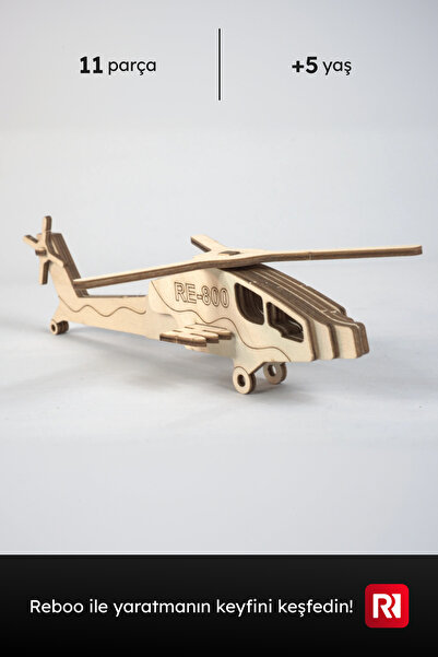 Reboo Ahşap Helikopter 3D Puzzle Boyama Seti 11 Parça Boya Seti Hediyeli Eğit...