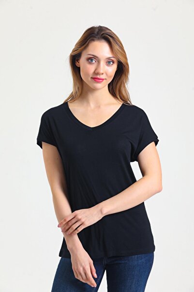 QUHOX Γυναικείο μπλουζάκι από ύφασμα μπαμπού με λαιμόκοψη σε μαύρο χρώμα