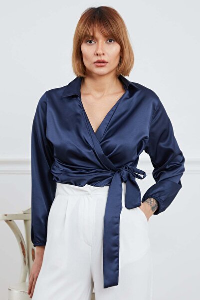 zenne Anvelop Satin Shirt Dark Navy Blue