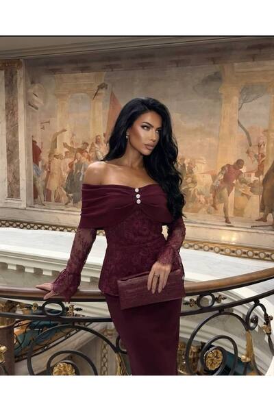 1Moda1Tarz Imported Lace Fabric Special Design Lined Dress with Front Bow Button Detail, Sleeves with Ribbons