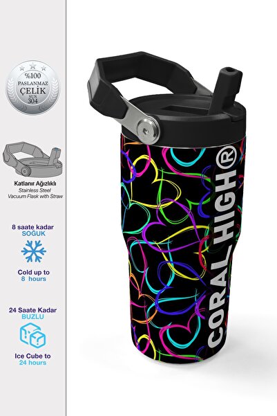 Coral High Çok Renkli Kalp Desenli Katlanır Ağızlıklı Çelik Termos 600 ml 38915