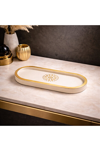 Sabletscrafts Off-White Gold Decorative Tray 23X10 cm – Oval Long Minimal Pre...