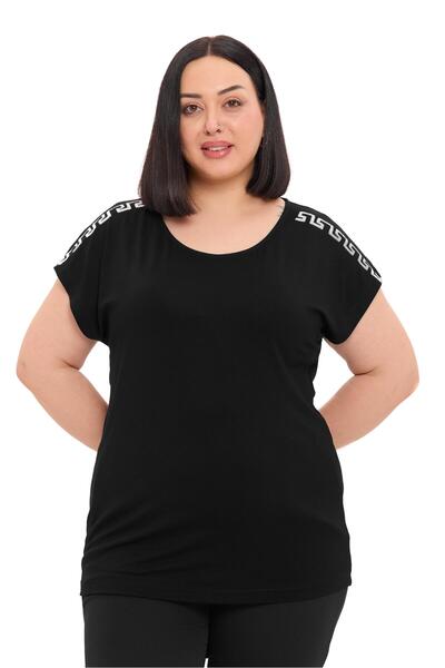 DISENTIS MODEST Plus Size Low Short Sleeve Black Blouse with Stripe Pattern o...