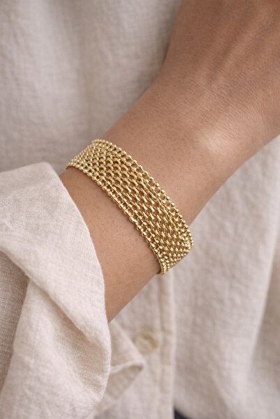 Owentis Çelik Gold Kuyumcu İşçilikli Bismark Örgü Model Kalın Amandine Bilekl...