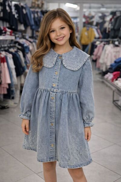 Ysferbutik فستان جينز للفتيات مزين بالأحجار