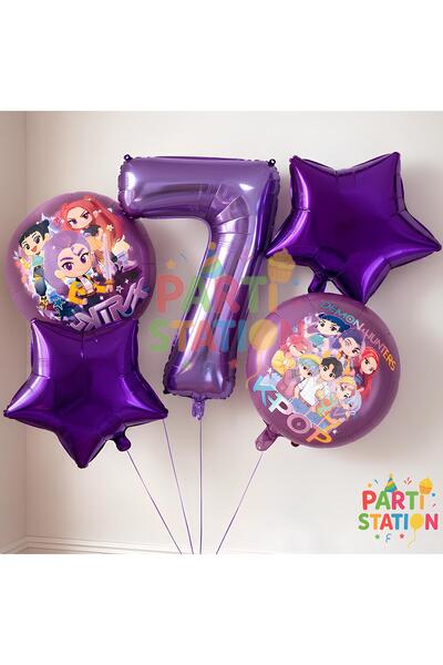 Parti Station مجموعة بالونات عيد ميلاد بعمر 7 سنوات بتصميم K-Pop مكونة من 5 قطع