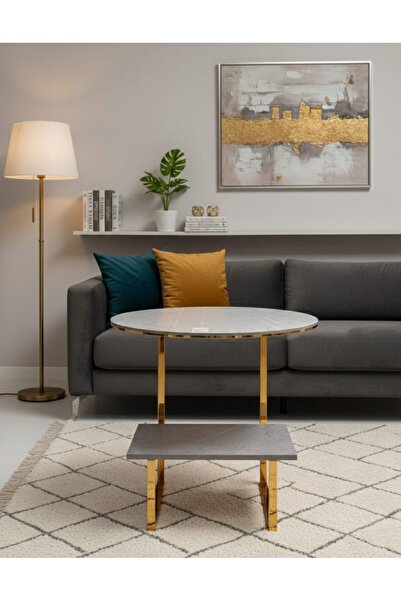 TrentonGCC Modern Round Marble-Top Center Coffee Table with Gold Metal Legs –...