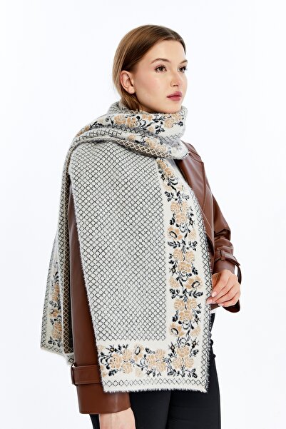 panşalço Special Beard Yarn Cashmere Textured Rose Model Neck Shawl, Stone-Ca...