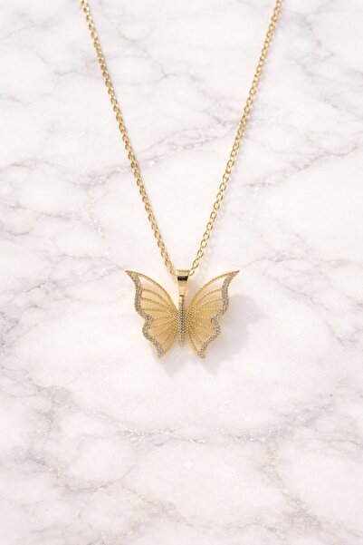 Çelik Altın kaplama ışıltılı çift katmanlı kelebek kolye
