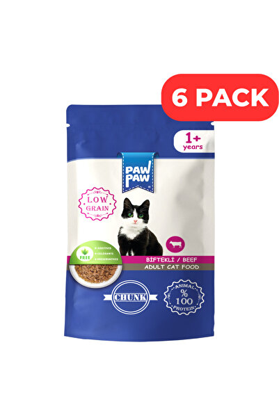 PawPaw Σετ 6 τεμαχίων υγρή τροφή για ενήλικες γάτες, PawPaw, με κομμάτια βοδι...