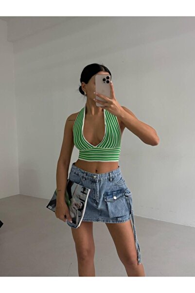 Ferte Kadın Çizgili Derin V Yaka Triko Crop