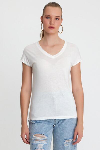 QUHOX Γυναικείο μπλουζάκι από ύφασμα μπαμπού με λαιμόκοψη σε λευκό χρώμα