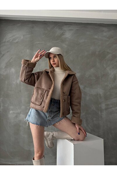 SUN STYLE Women's Suede Nubuck Suede Coat with Fur Inside and Pockets