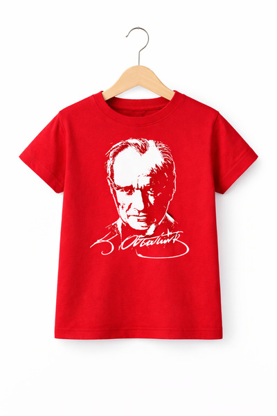 ues Ataturk Portrait Printed Short Sleeve Red Unisex Kids T-Shirt