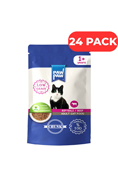 PawPaw Set 24 x Hrană umedă pentru pisică adult, PawPaw, cu bucăți de vită în...