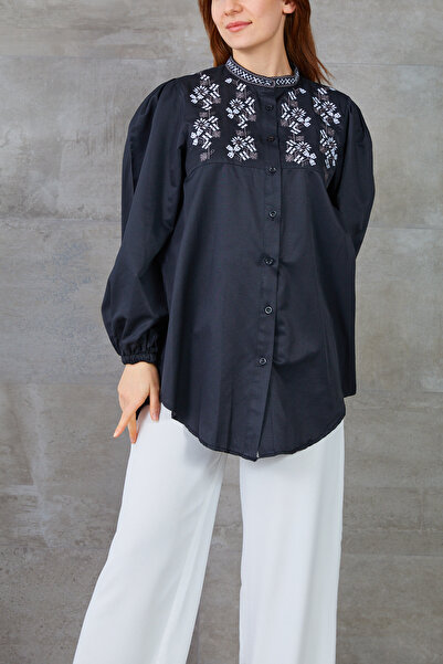 zenne Flower embroidered oversize shirt black